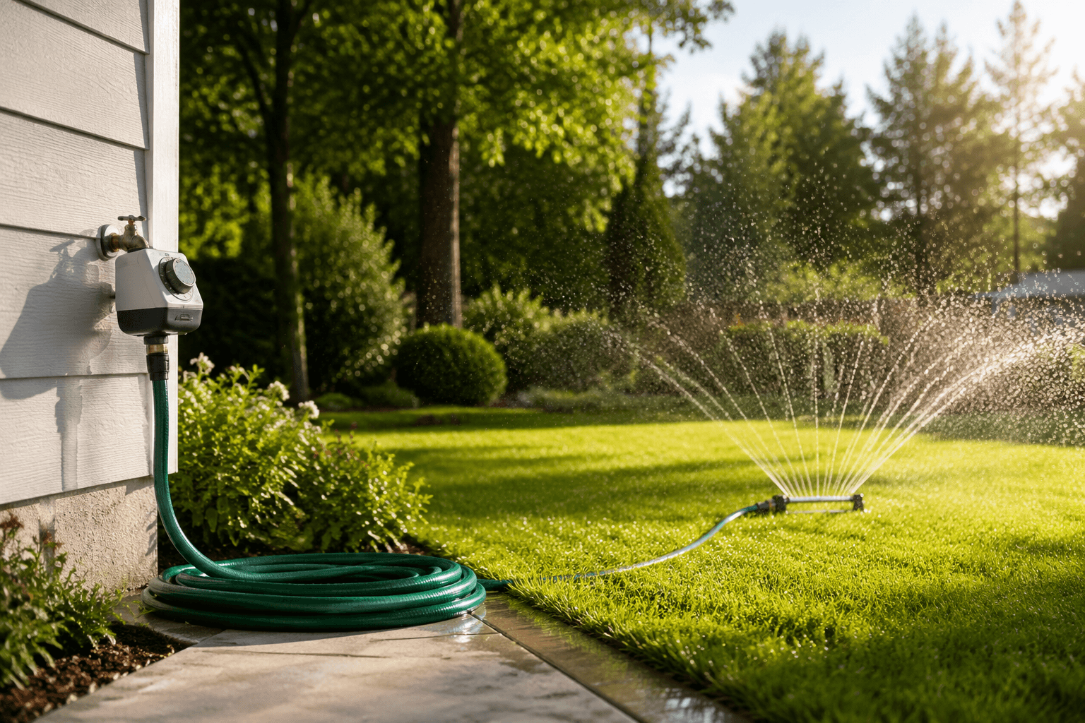 Sprinkler watering a sunlit green lawn